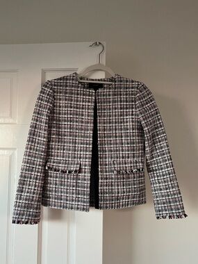 J Crew Classic Tweed Collarless Jacket - Black/White/Pink